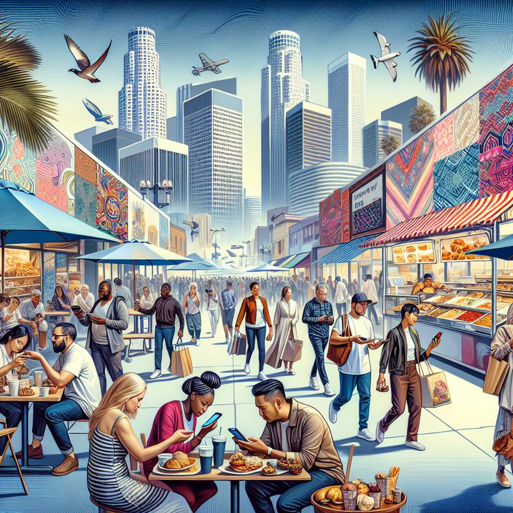 A realistic scene of people using mobile payments on a busy street in Los Angeles.