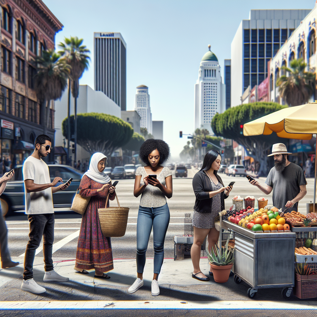 People in Los Angeles using mobile phones to make payments at street vendors.