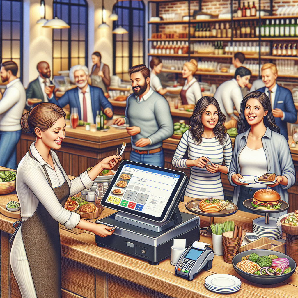 A realistic restaurant scene showcasing a modern POS system on the counter.