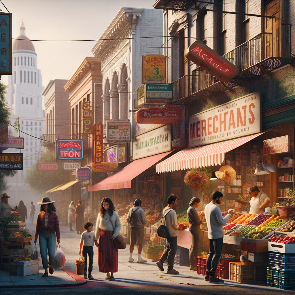 A bustling merchant street scene in Los Angeles.