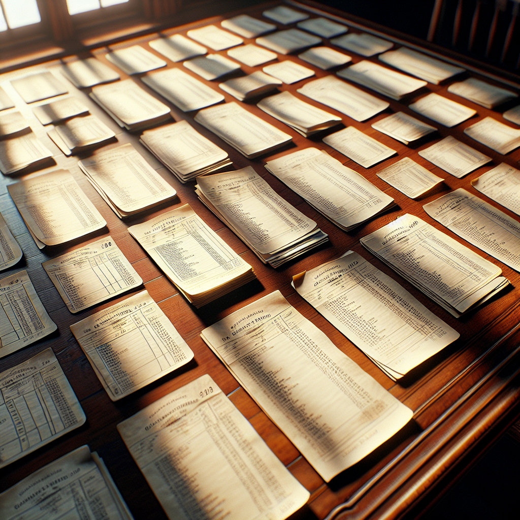 A collection of original receipts organized on a wooden desk, lit by natural light.