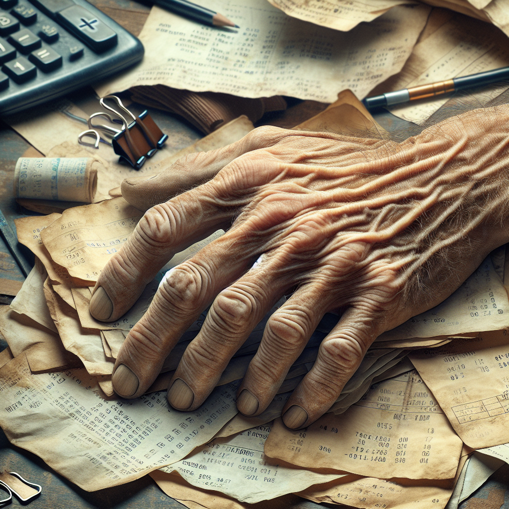 A hand holding old paper receipts on a cluttered desk.