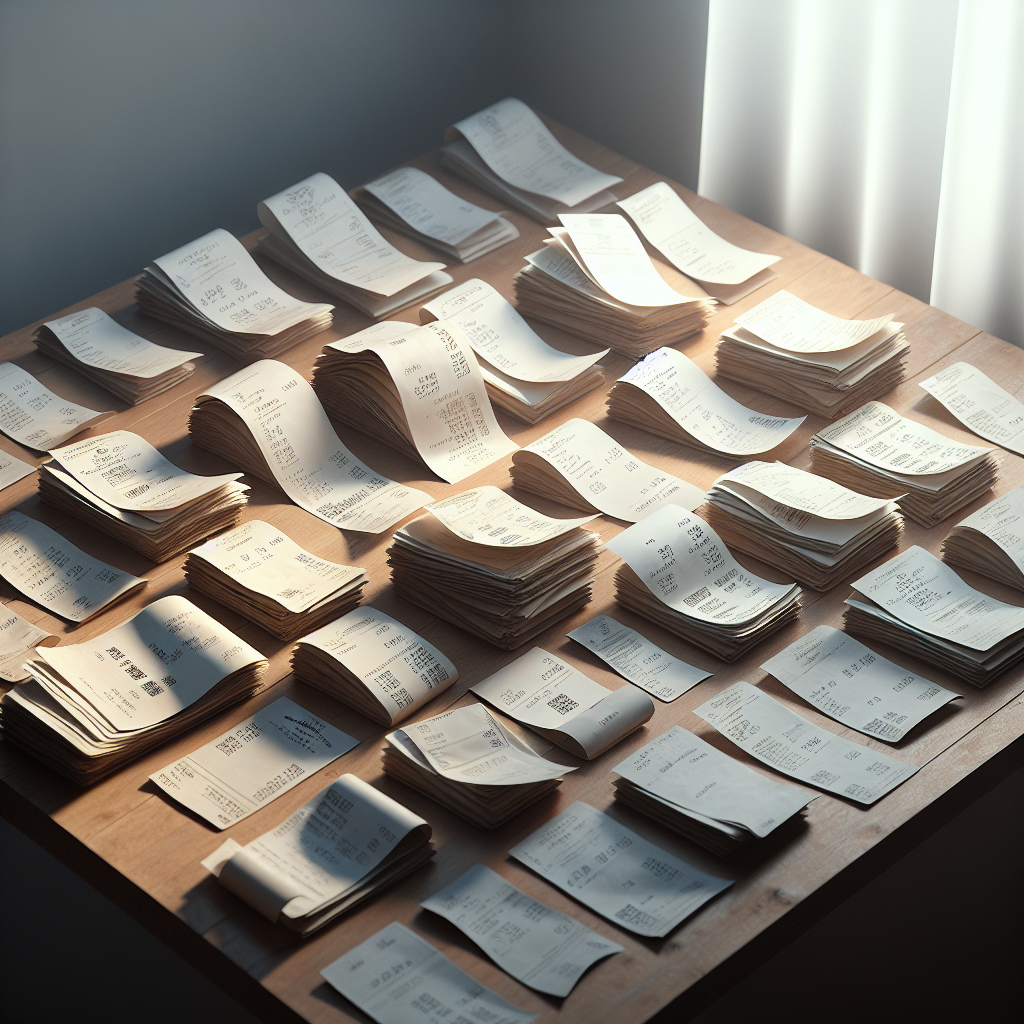 An organized collection of original paper receipts on a wooden table.