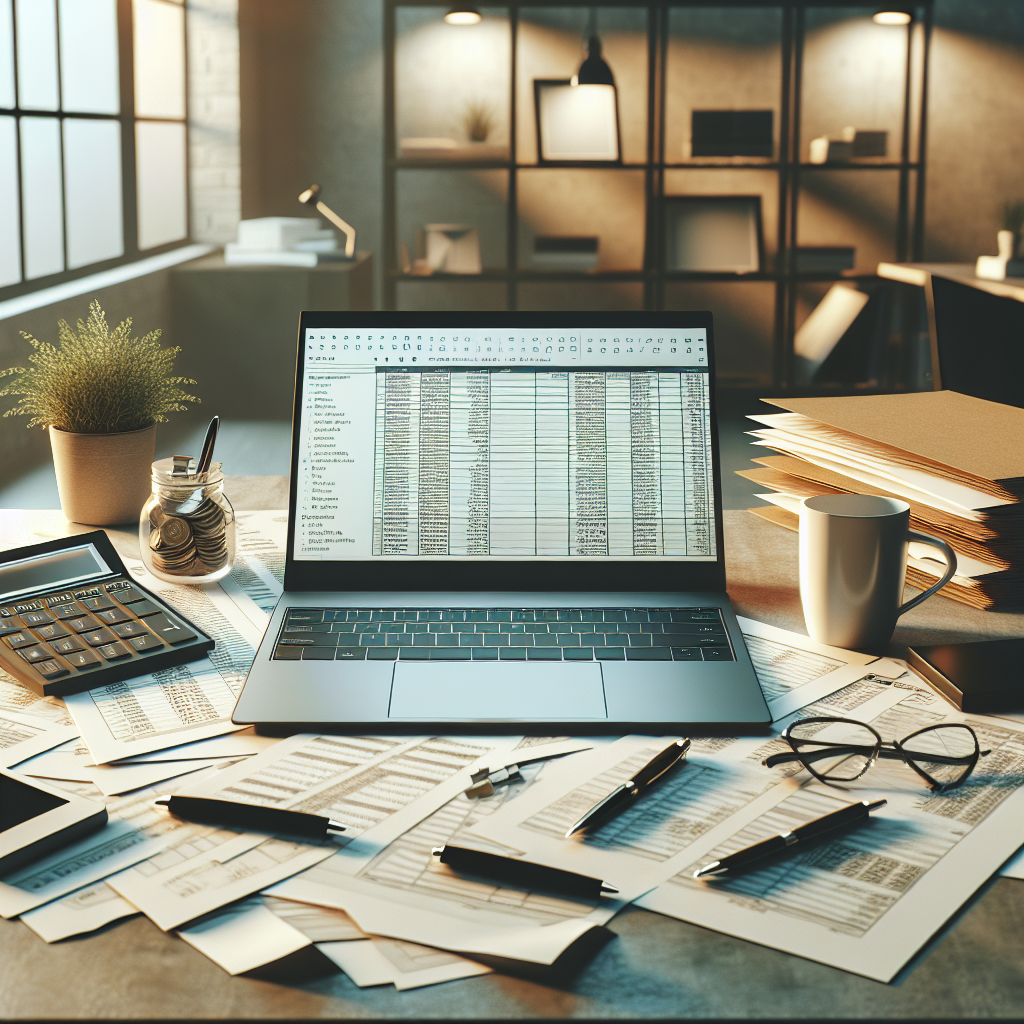 A desk with organized tax documents, a laptop, and a cup of coffee.