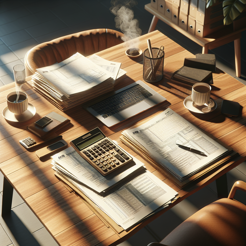 An office desk with tax documents, a vintage calculator, cup of coffee, and a laptop.