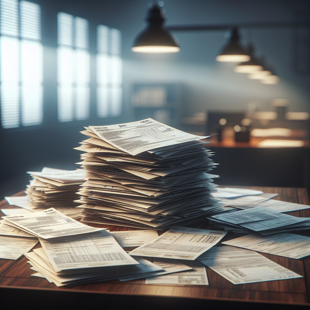 A desk with stacks of tax documents and receipts, depicting careful document retention without any visible text.