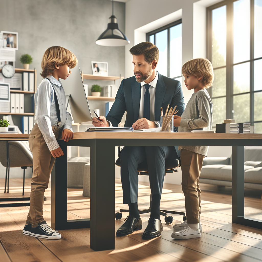 A parent discussing work tasks with children in a modern office setting.