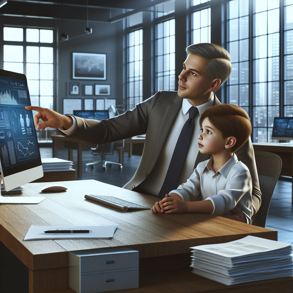 A parent working with their child in a business office setting.