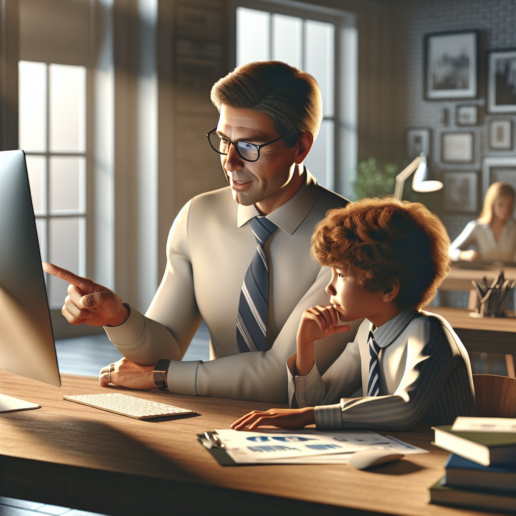 A parent teaching their child in a small business office setting.