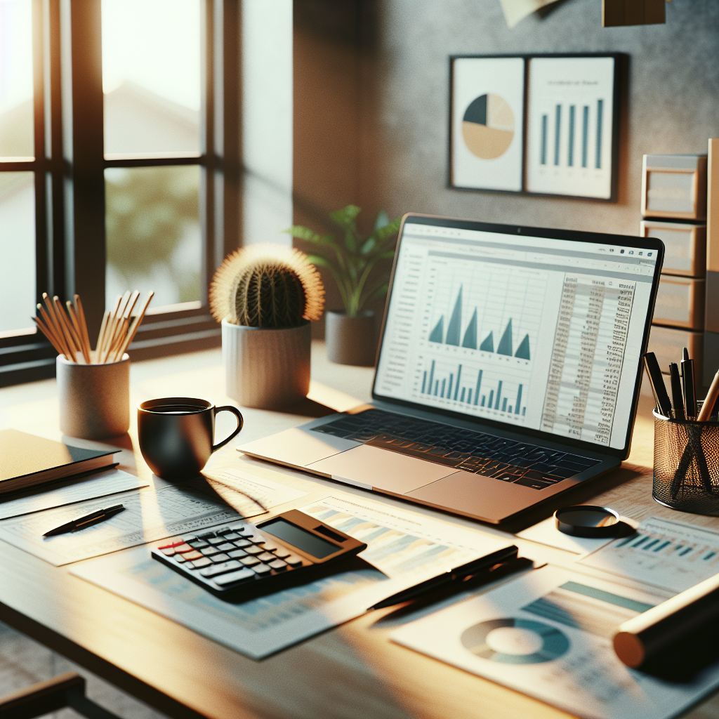 A small business owner's workspace with a laptop, documents, and office essentials during golden hour.