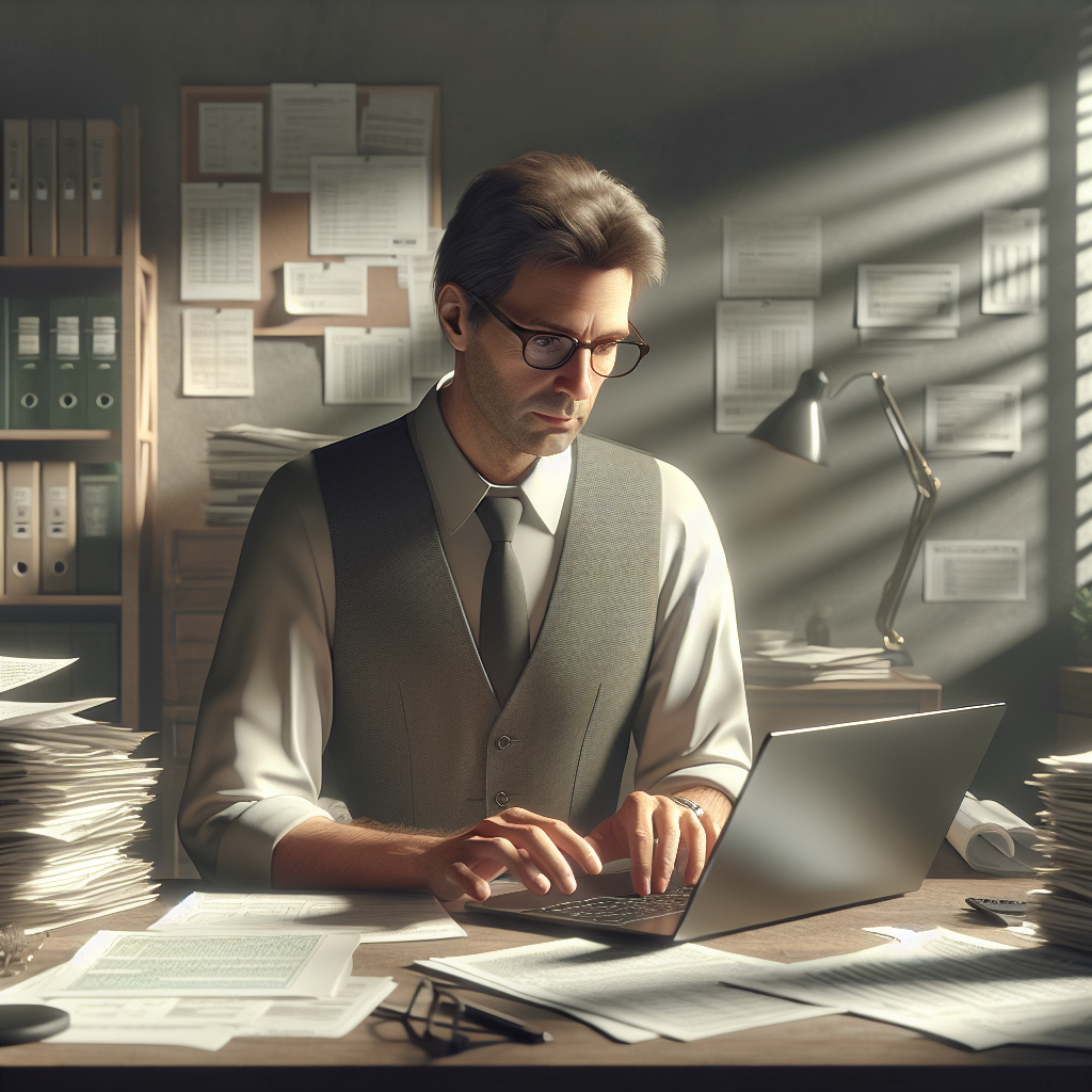 A small business owner concentrating on tax documents at a desk, with a laptop and bookshelf nearby.