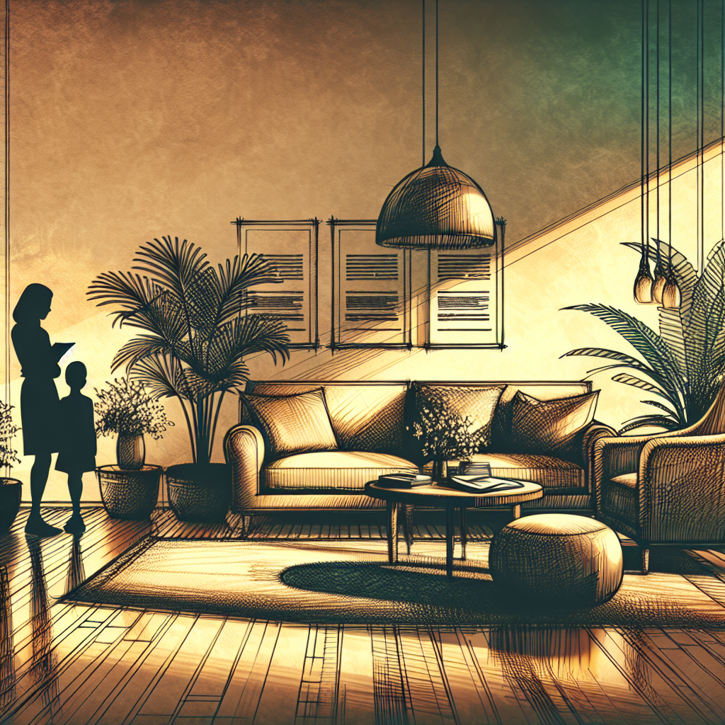 A cozy living room with silhouettes of a family discussing rental agreements.