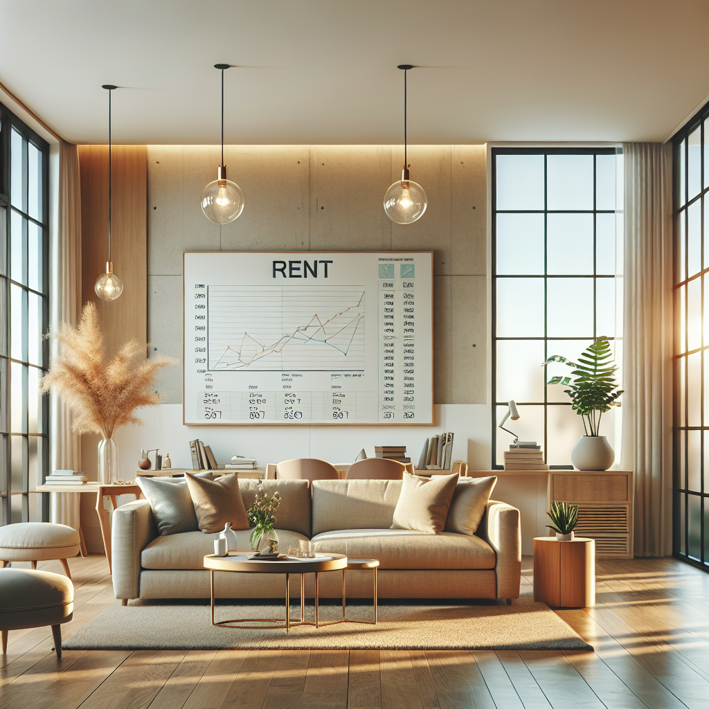 A cozy modern living room with natural light, a sofa, and a whiteboard for rental discussions.