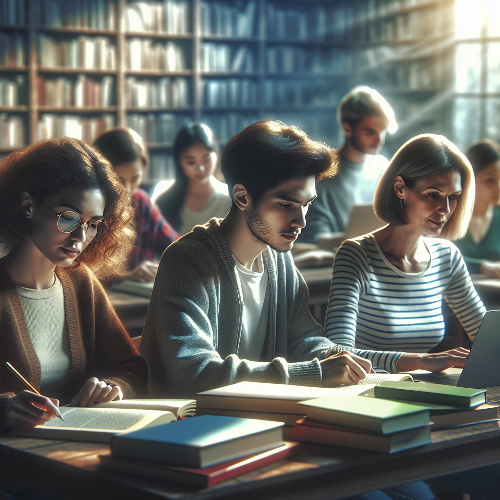 A diverse group of students studying together in a well-lit educational setting.