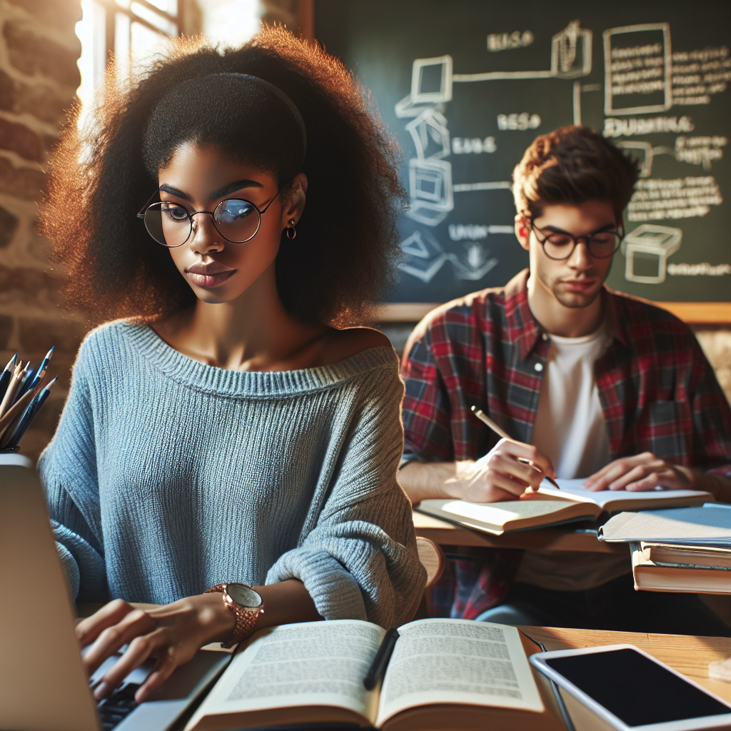 Students studying in an educational setting, emphasizing diversity and engagement.