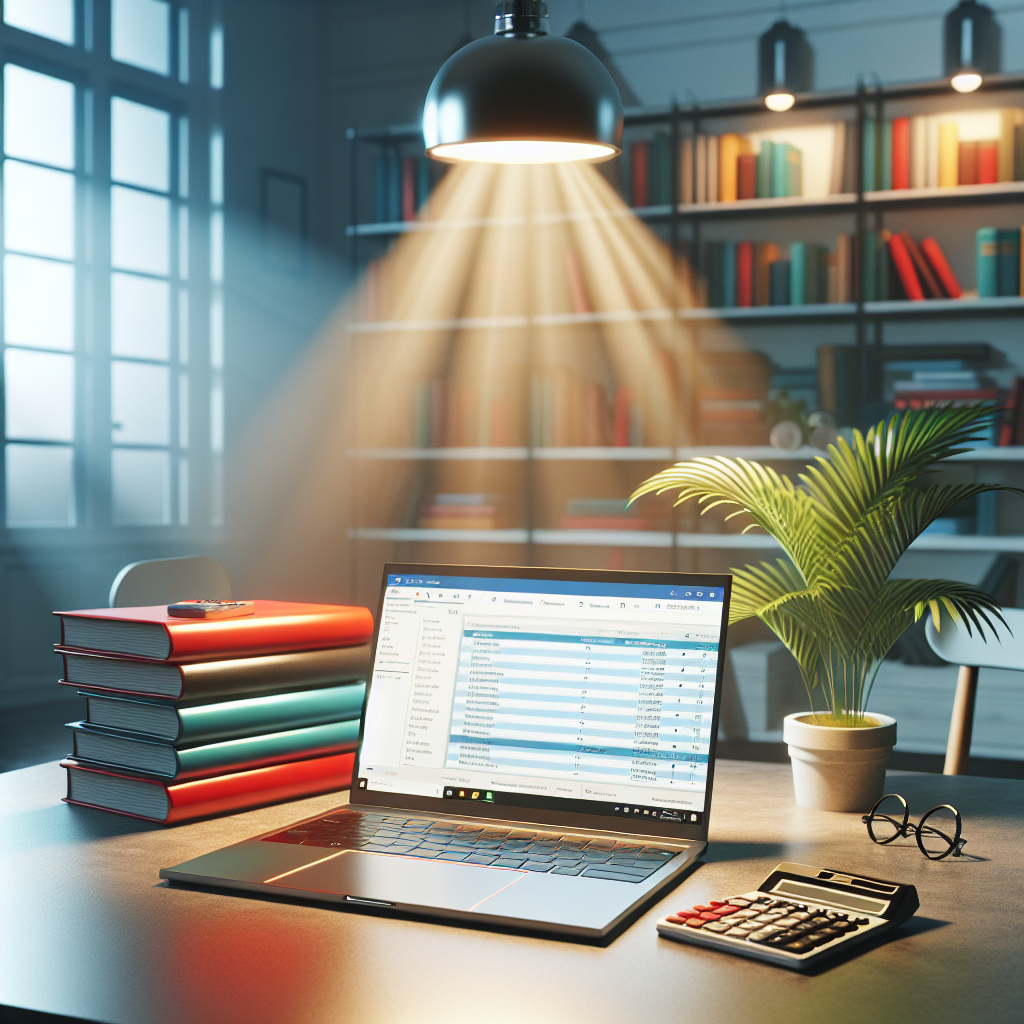 An office desk with a laptop, colorful textbooks, a calculator, and a potted plant, representing education benefits.