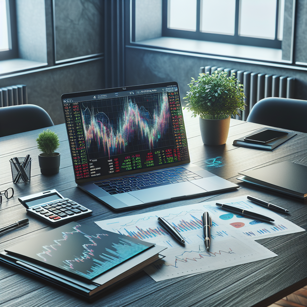 A financial advisor's desk with a laptop and stock charts, showcasing a professional environment.