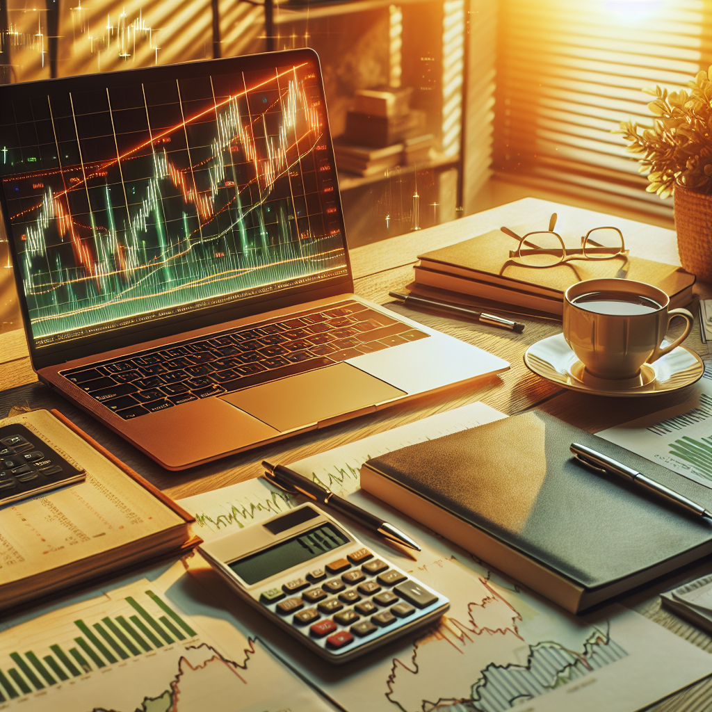 A financial workspace featuring a laptop with stock market graphs, a calculator, and financial magazines.