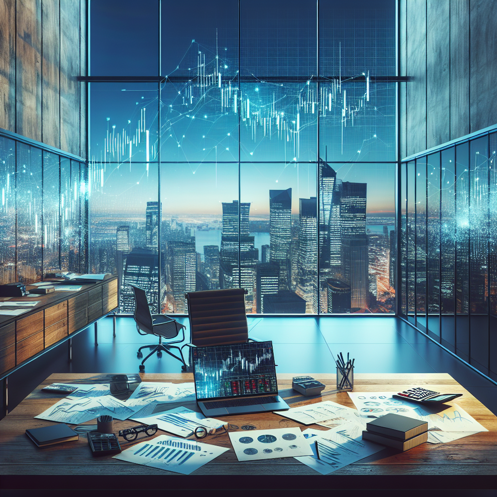 A busy financial office with a desk cluttered with papers and a laptop, and a view of an urban skyline.