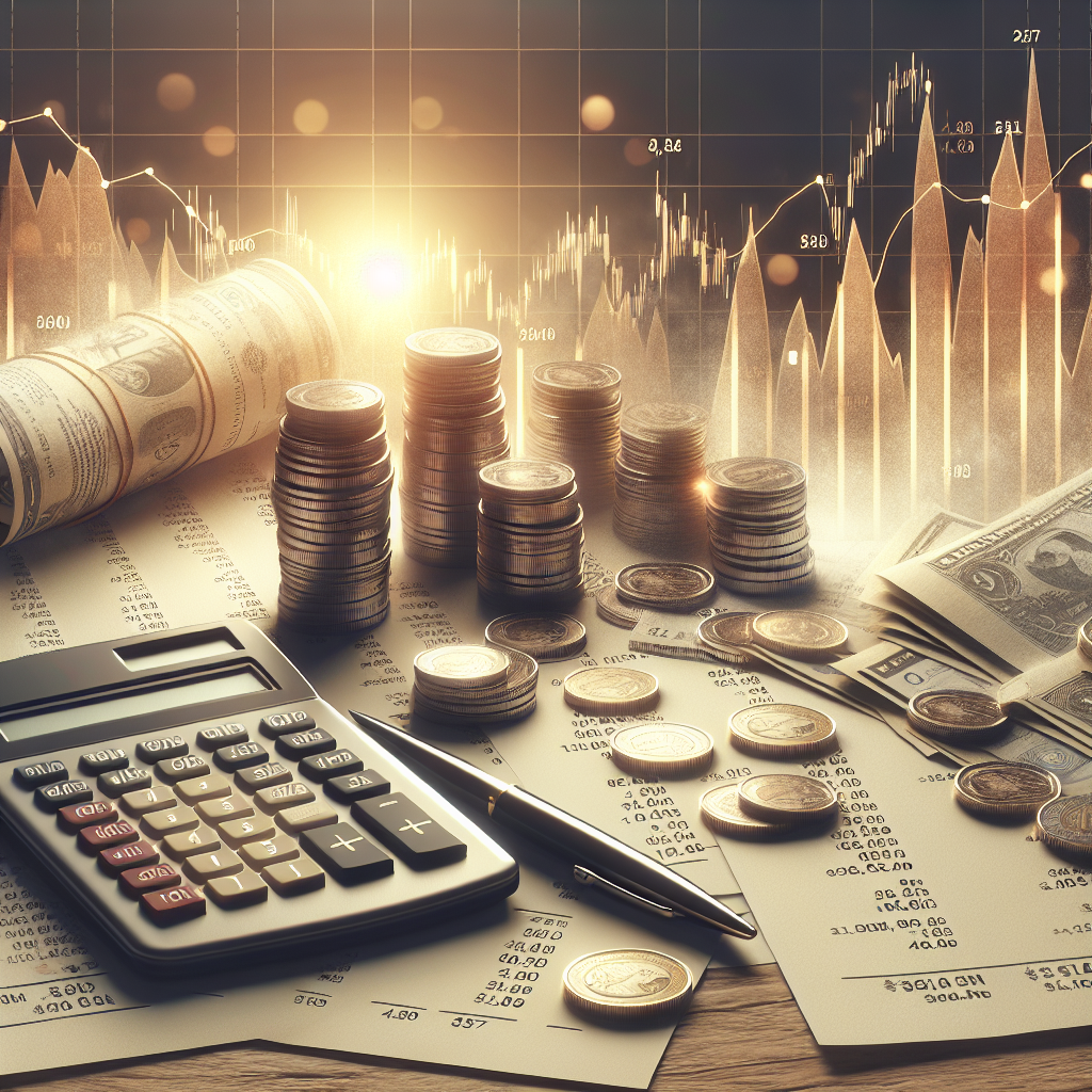 An illustration of sale expenses in stock sales with coins, receipts, and a calculator.