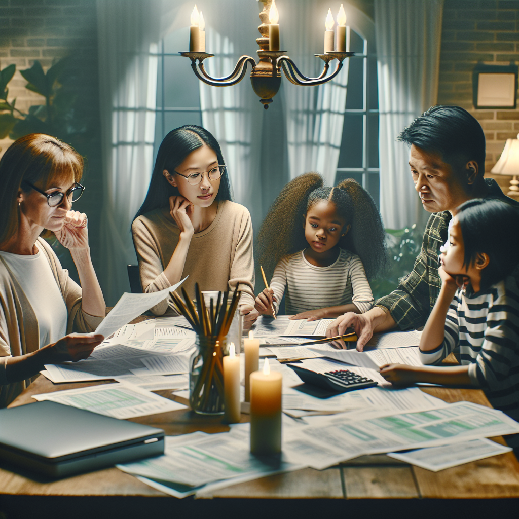 A family of four discussing tax topics around a dining table.