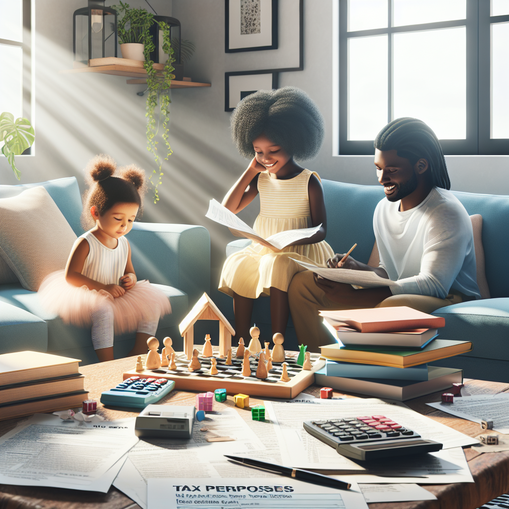 A family in a living room setting illustrating the concept of tax dependents with tax documents and a cheerful atmosphere.