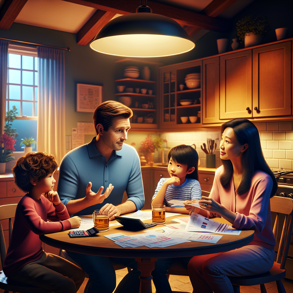 A family of four discussing tax benefits at a kitchen table.