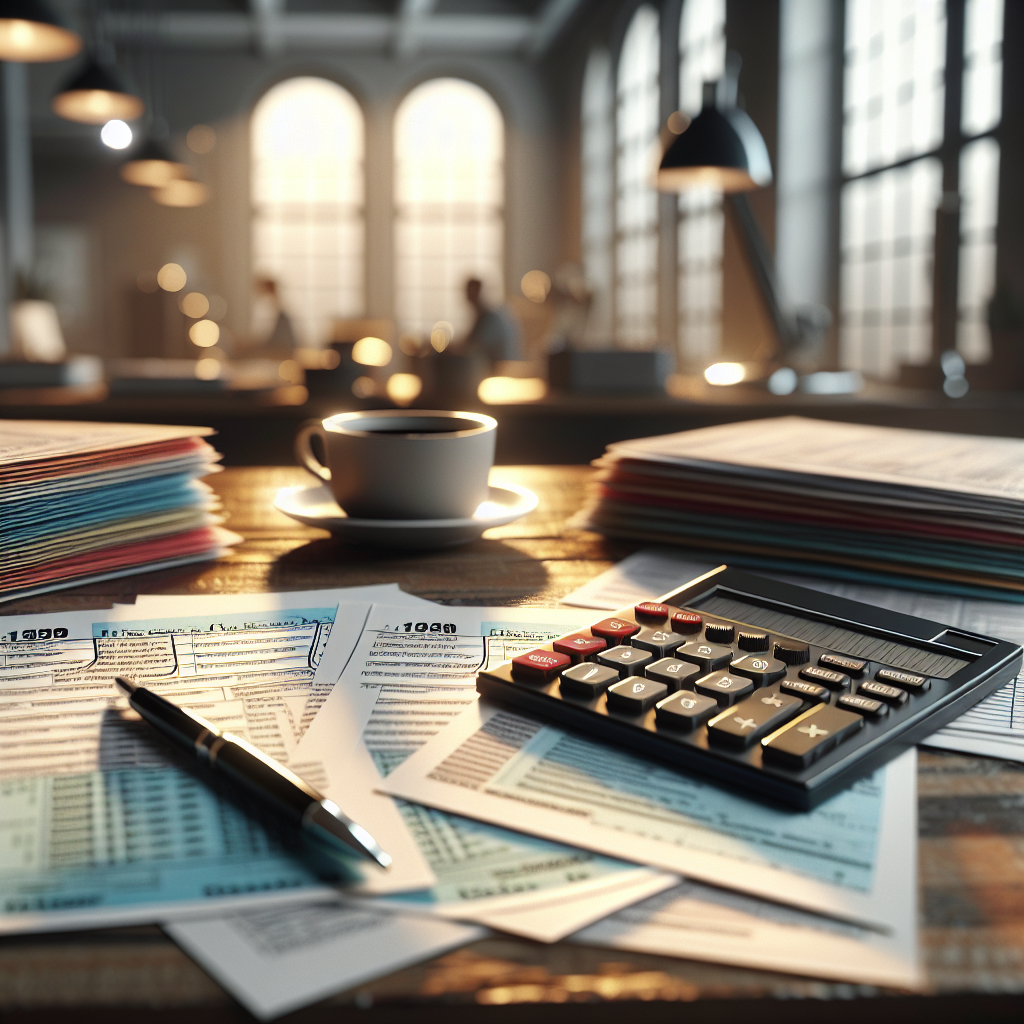 An organized desk with tax forms, a calculator, and a coffee cup.