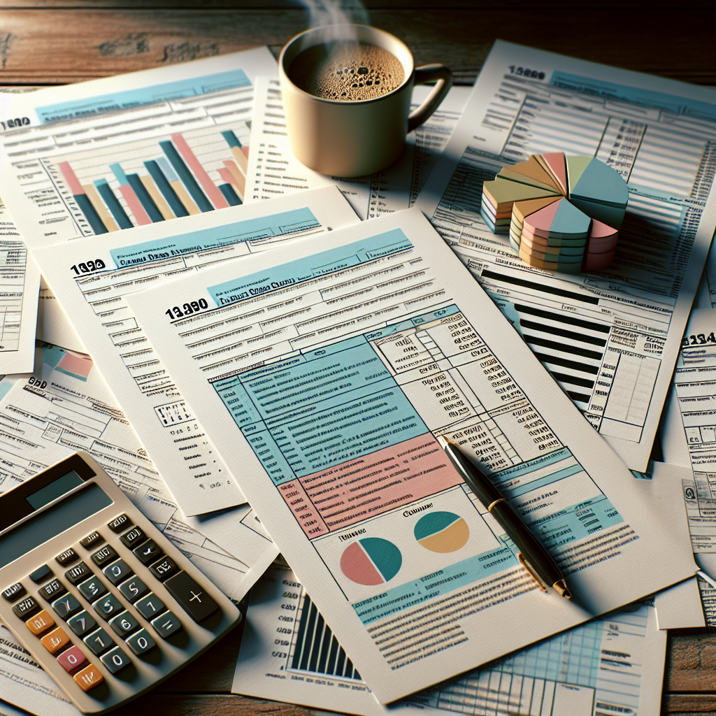 An array of tax return documents on a wooden desk, with a calculator and a steaming coffee cup.