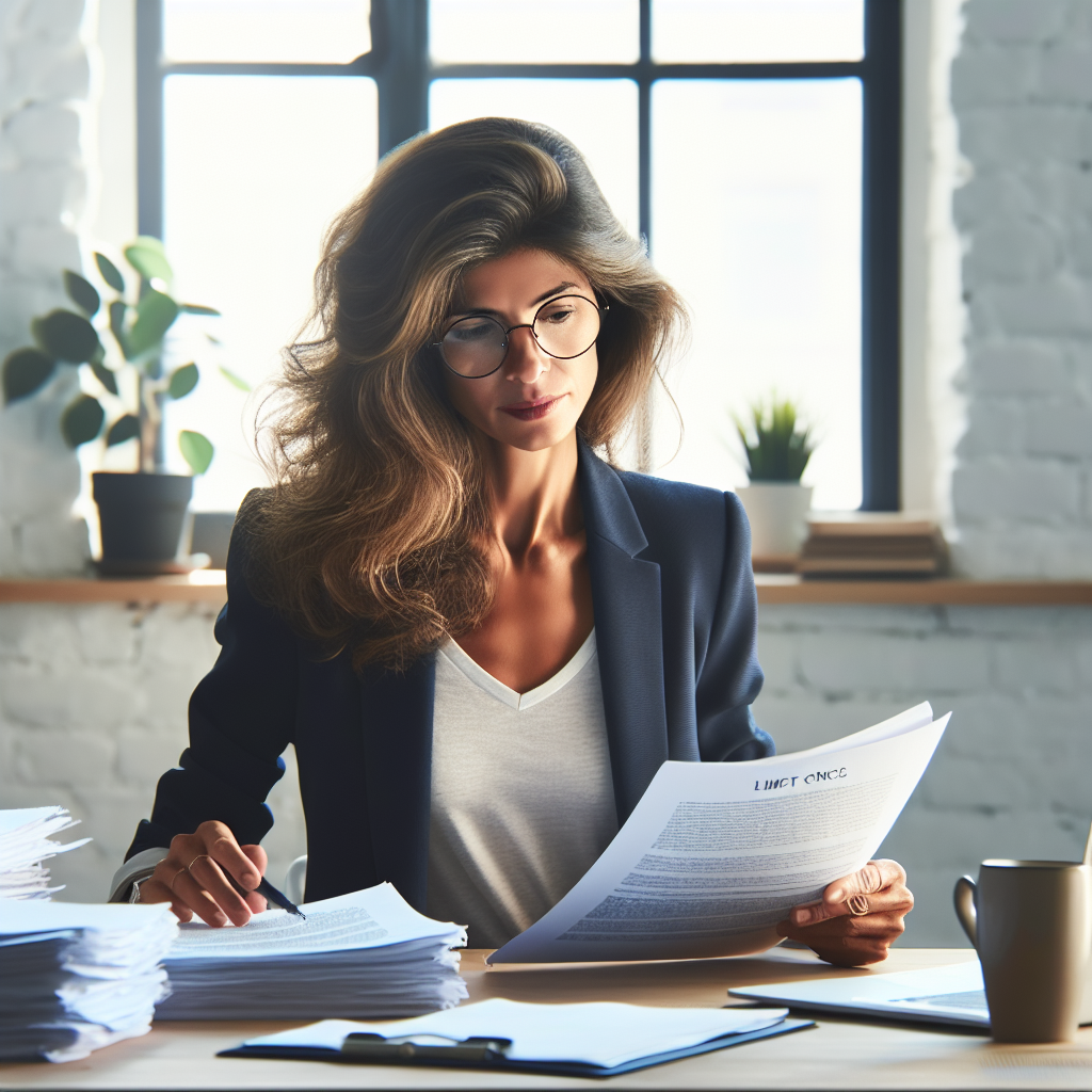 A business owner analyzing documents about Limited Liability Companies in a bright office.