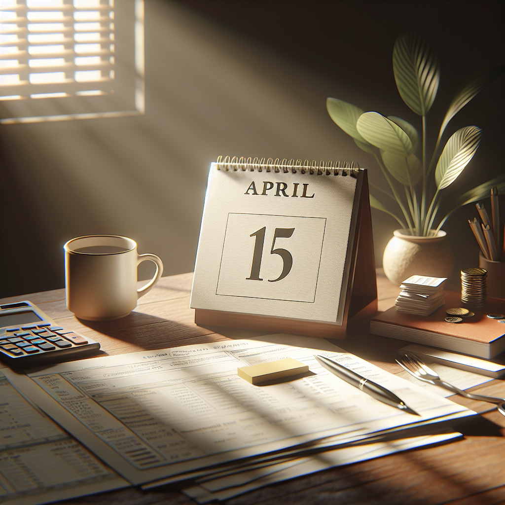 A calendar on a wooden desk with the date 'April 15' marked, surrounded by financial documents and a calculator.