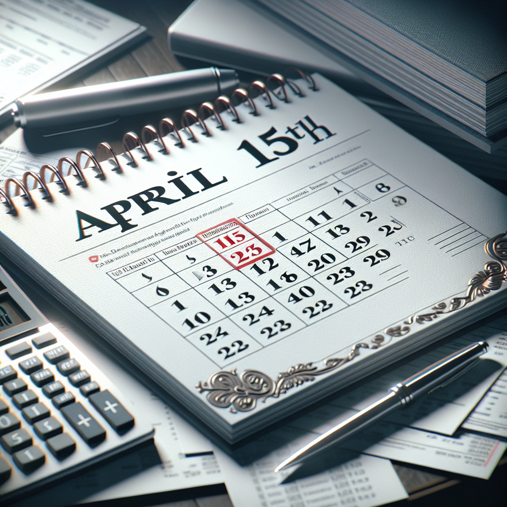 A calendar marked with April 15th, surrounded by tax-related items like a calculator, financial documents, and a pen.