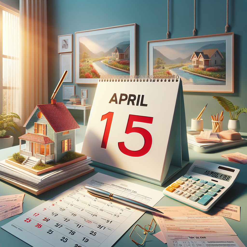 A tax payment reminder scene with a calendar, financial documents, and a calculator in a cozy home office.