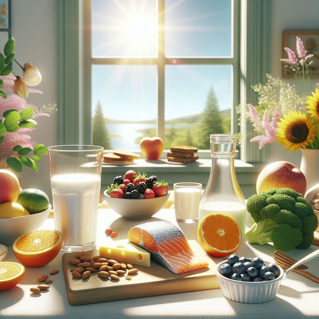A kitchen table with foods rich in essential nutrients for elderly nutrition, including dairy for calcium, salmon for omega-3s, berries and vegetables for vitamins, and whole-grain bread for fiber, all bathed in natural light.