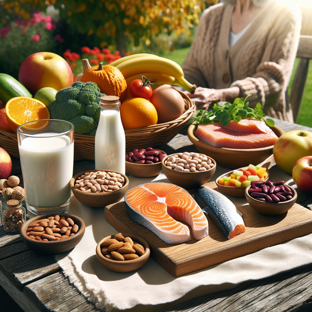 Realistic image of various nutritious foods on a wooden table under sunlight, representing a balanced diet for the elderly.