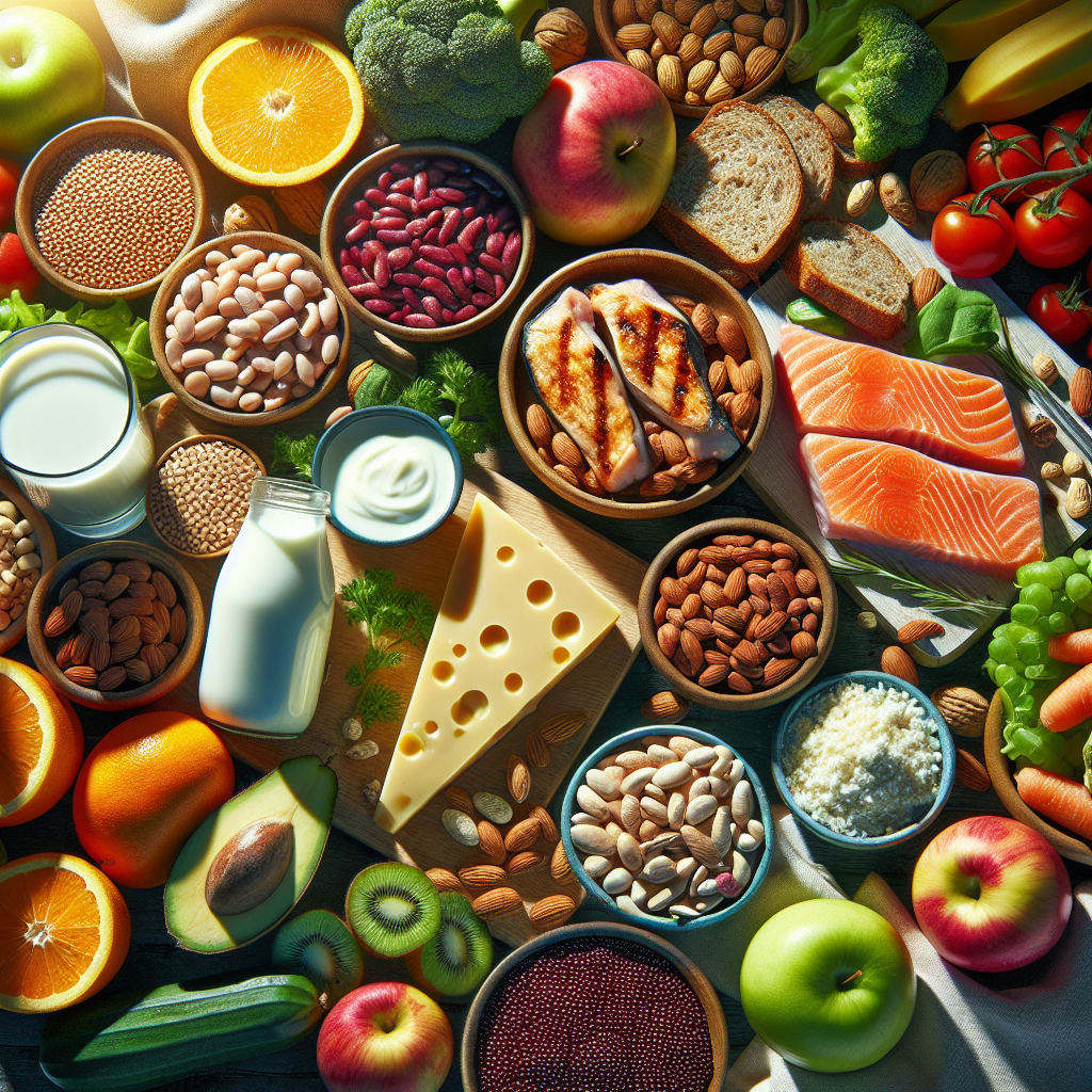 An assortment of nutrient-rich foods, representing essentials for elderly nutrition, displayed in a vibrant, realistic composition.