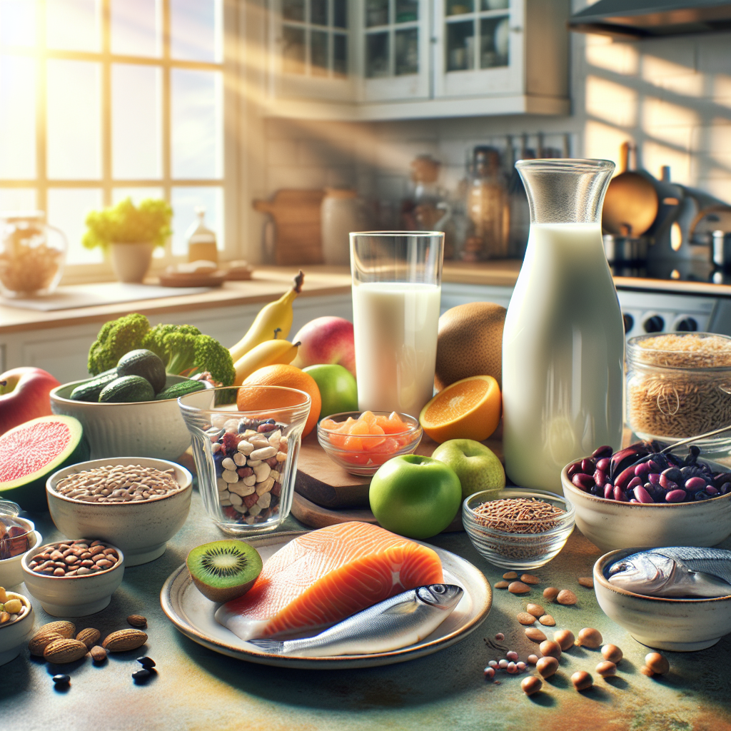 Realistic kitchen scene displaying foods with essential nutrients for elderly nutrition, including dairy, lean meats, fruits, vegetables, grains, legumes, nuts, salmon, and water, highlighted by natural lighting.