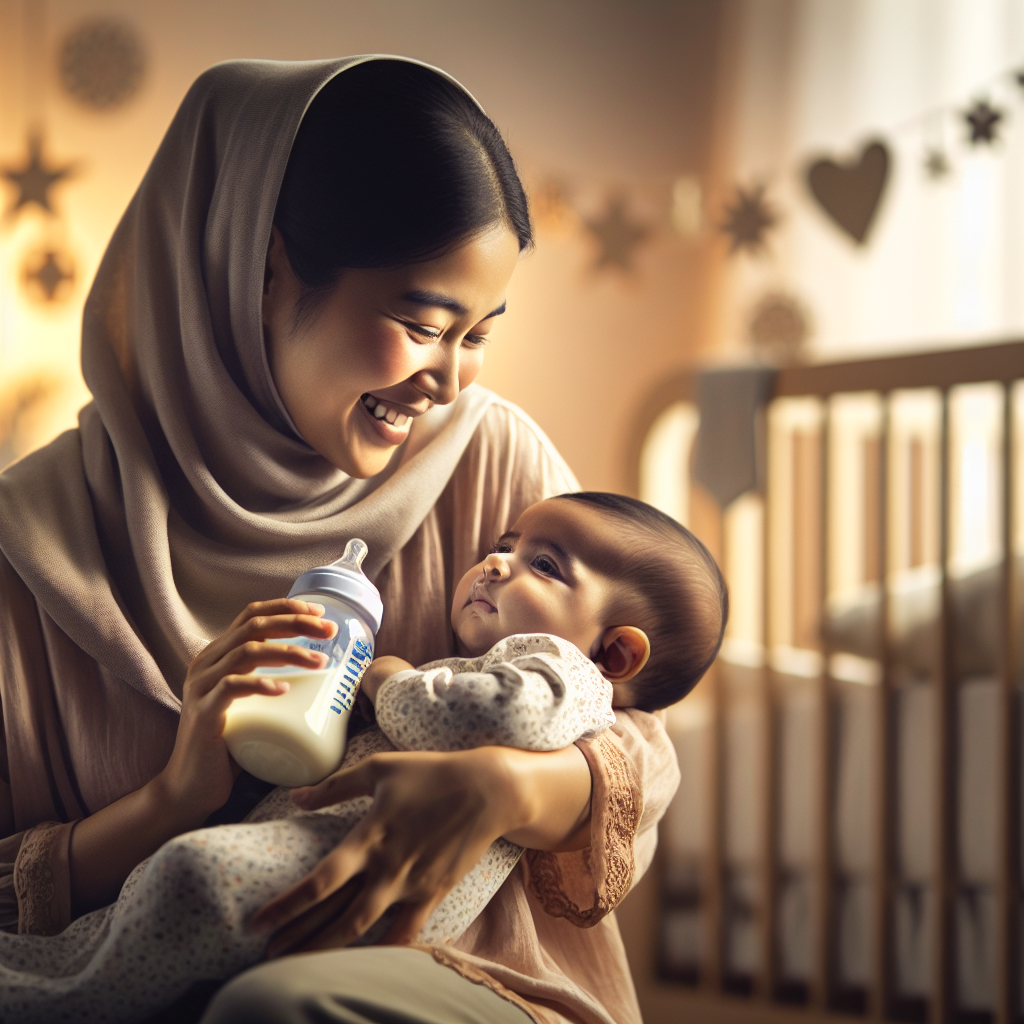 A mother holding her content infant in a nursery, the baby being fed with Enfamil Gentlease formula, with a warmth suggesting comfort and nutrients like vitamin D and iron symbolized in the setup.