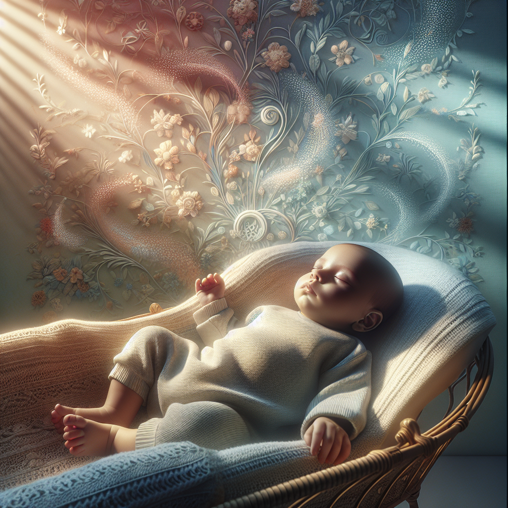 A peaceful baby surrounded by soft milk protein imagery, conveying digestive comfort and serenity.