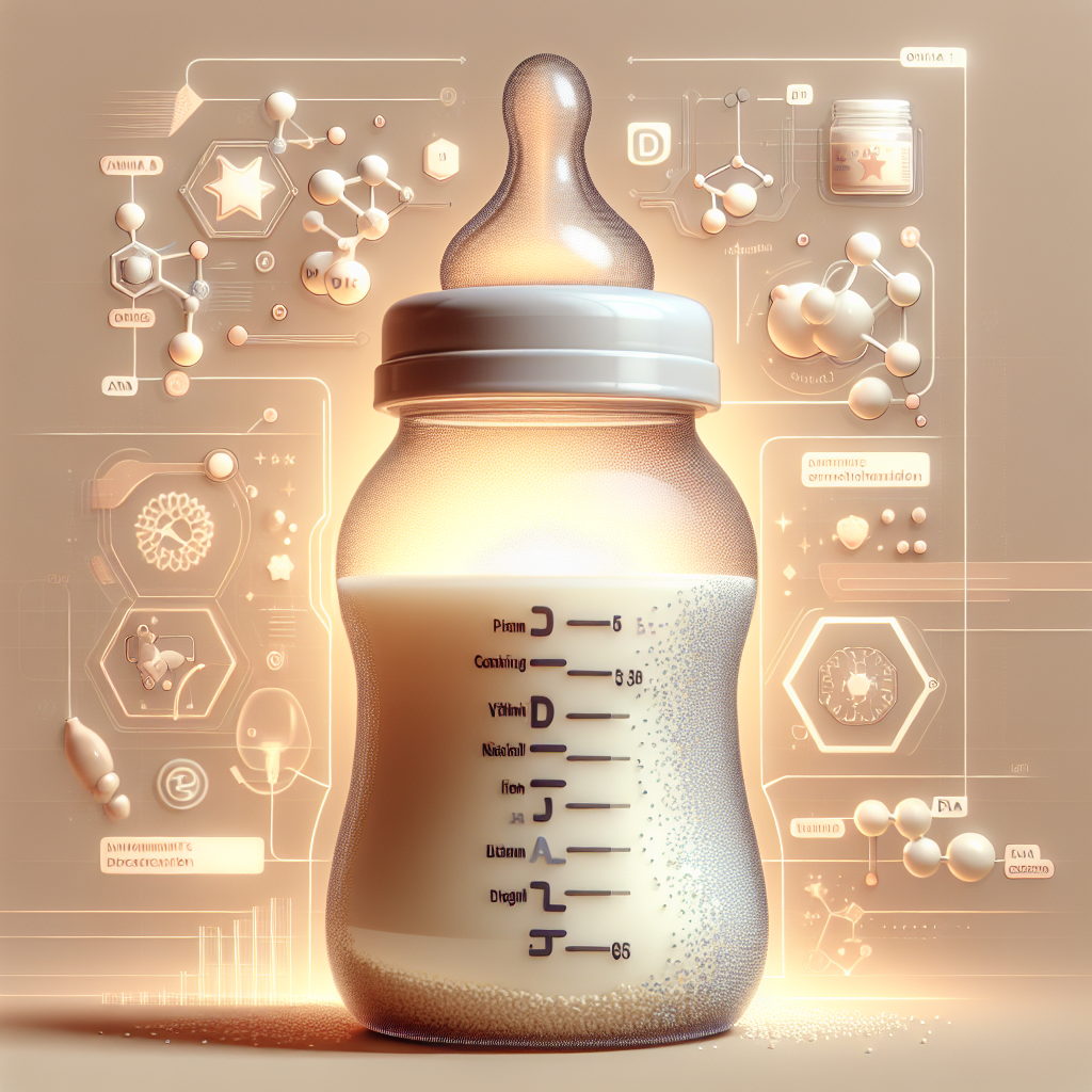 A baby bottle with 'Enfamil Gentlease' formula, surrounded by representations of vitamin D, iron, and DHA, ARA molecules, symbolizing digestive comfort and nutritional benefits.