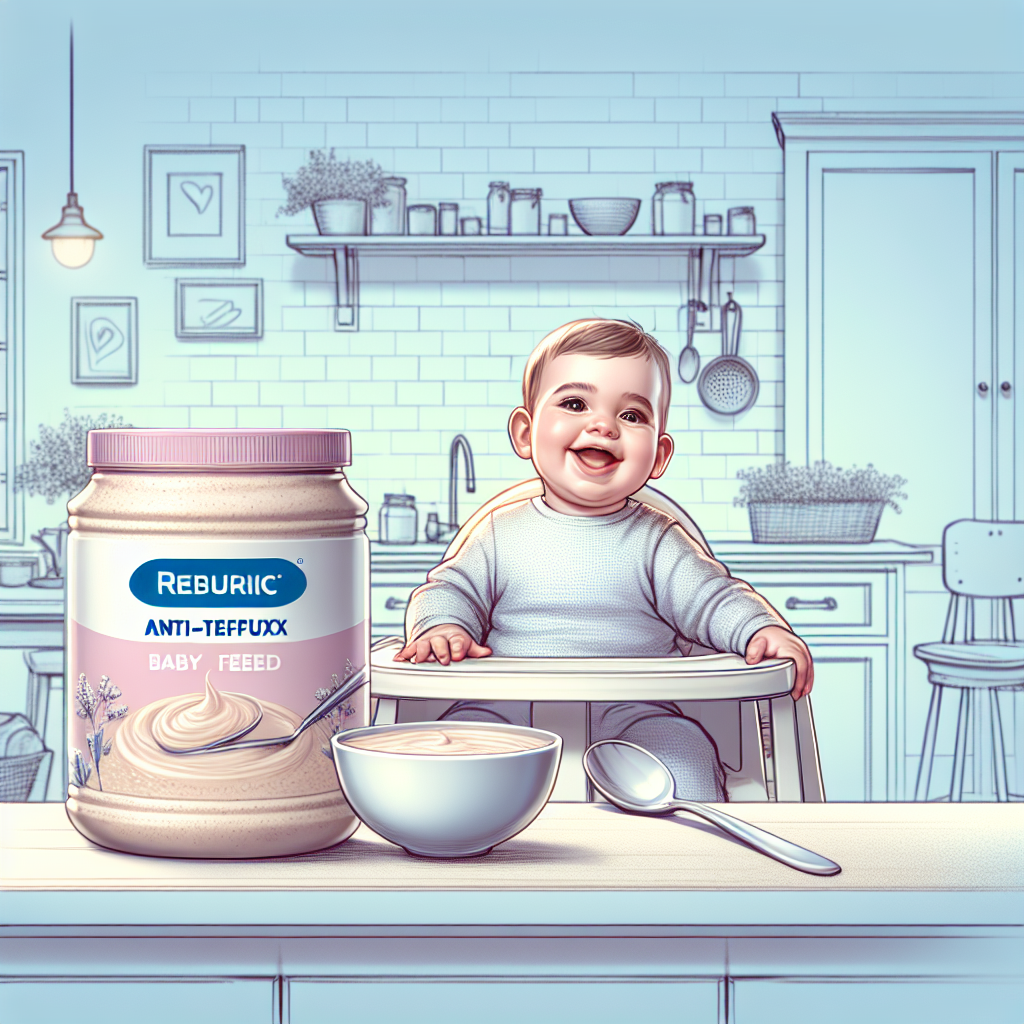 Realistic kitchen scene with a can of Enfamil A.R. formula on the counter and a smiling baby in a highchair, surrounded by baby feeding items and a warm ambiance.