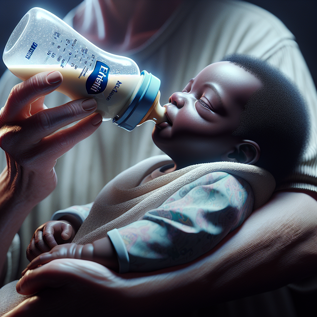 An infant being fed with a bottle of Enfamil A.R. formula, showing a calm expression and the thick consistency of the formula.