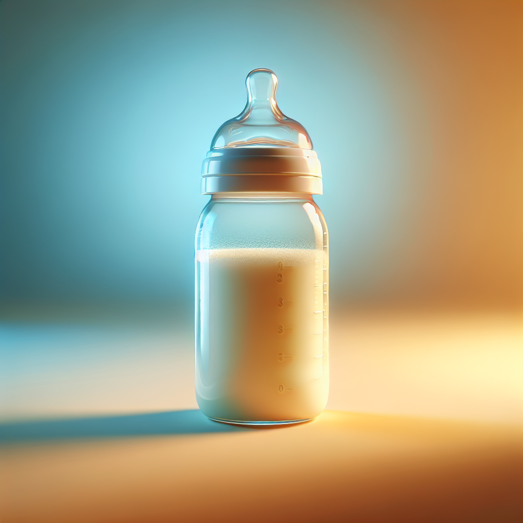 Realistic image of a clear baby bottle filled with a thickened milk formula on a soft blue to warm yellow gradient background, emphasizing its anti-reflux properties.