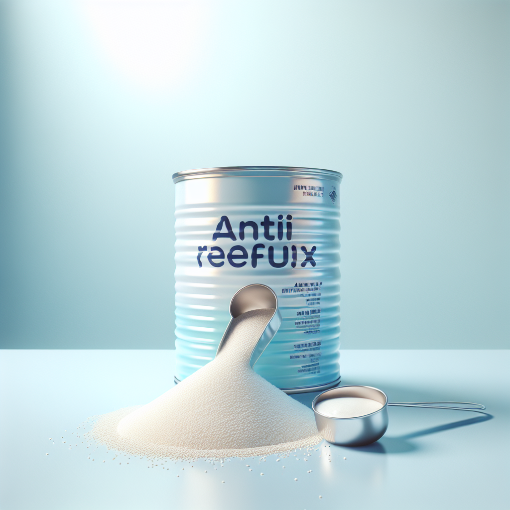 A realistic image of a baby formula can labeled 'Anti-Reflux' with a scoop on powdered formula and scattered rice grains, against a light blue backdrop.