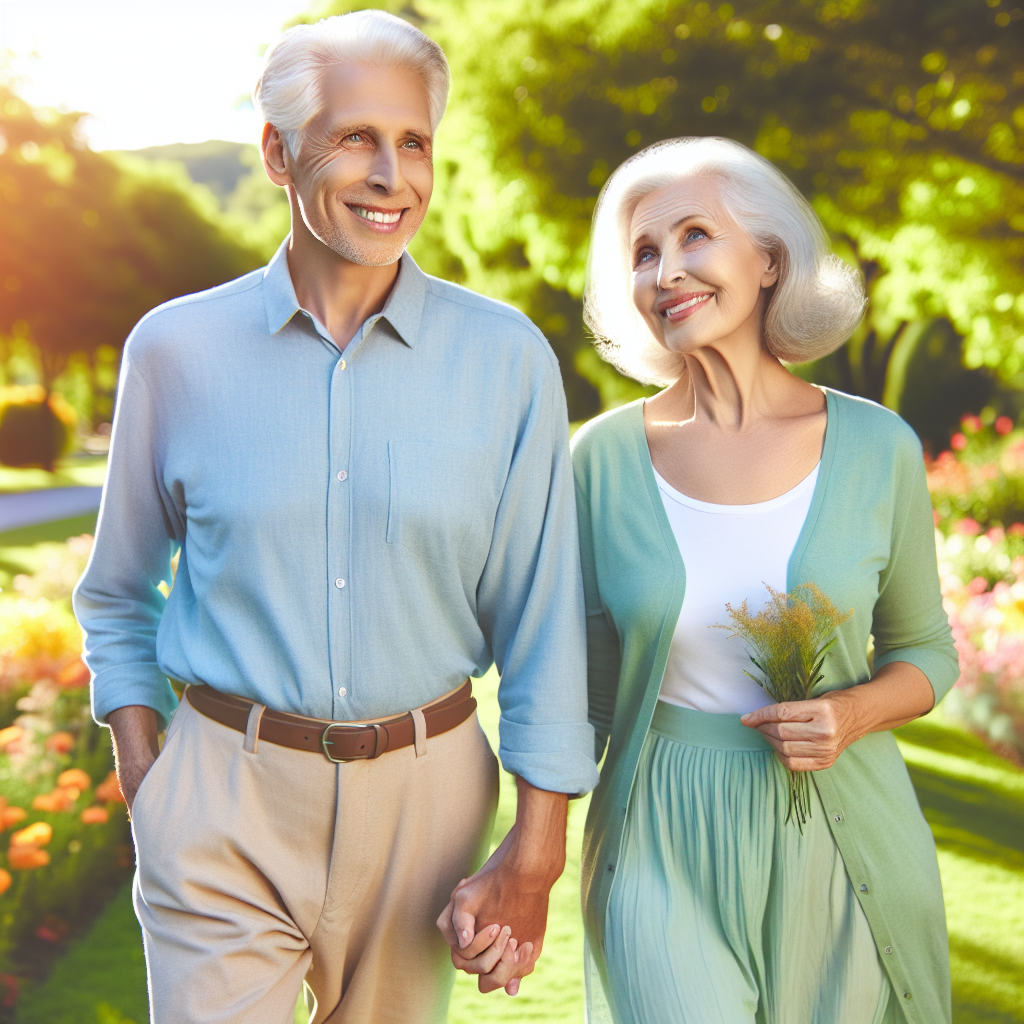 A realistic image of an elderly couple, smiling and holding hands while walking through a sunny park, to symbolize active life with incontinence, surrounded by trees and flowers.