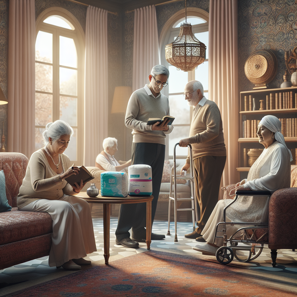 Elderly individuals engaging in various activities in a living room, with adult diapers subtly integrated into the scene.