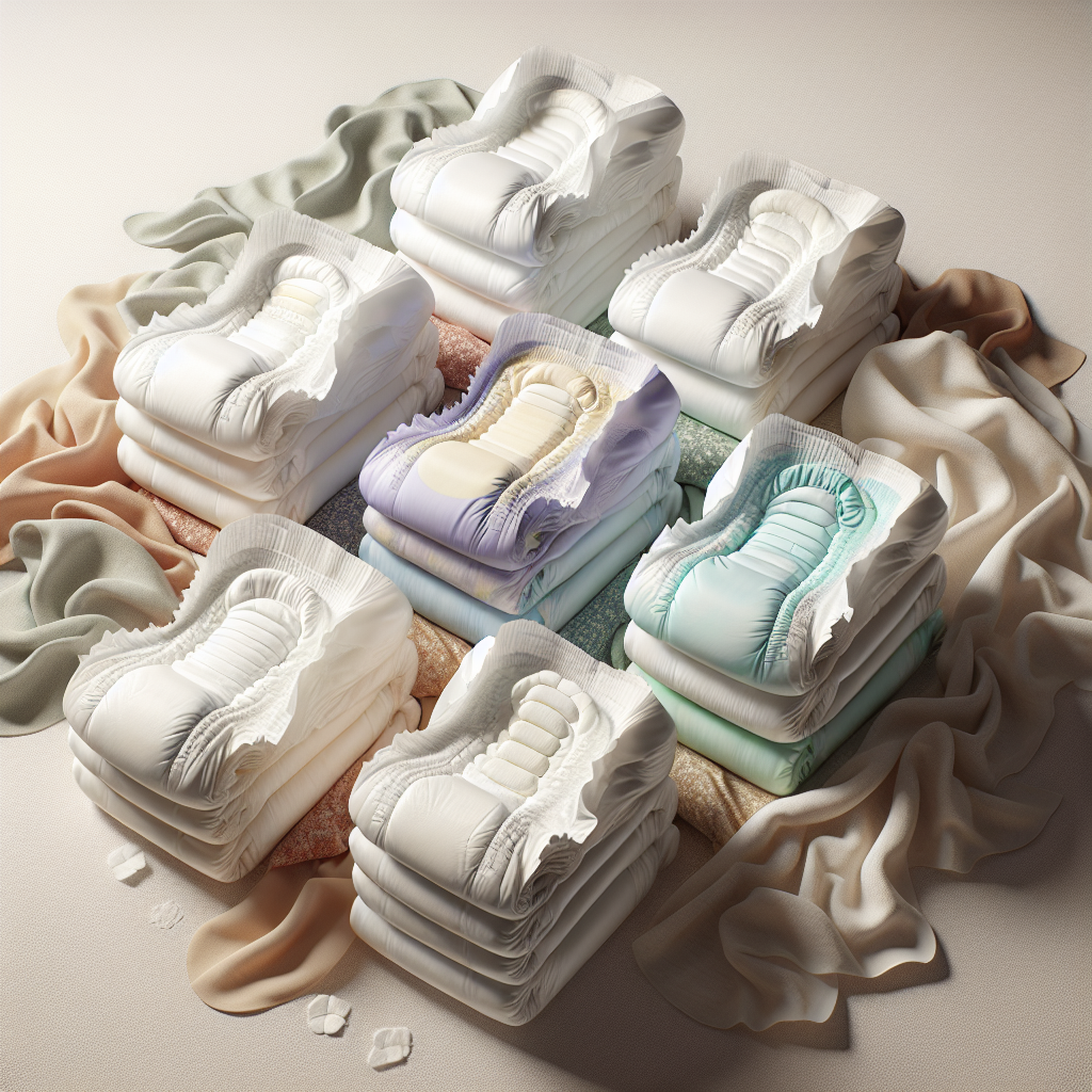 Array of different types of adult diapers on a white fabric, with subtle lighting and no branding.