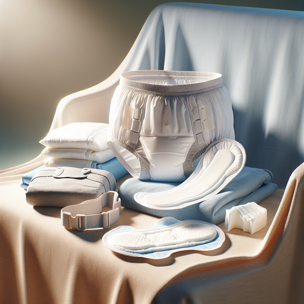 Assorted adult incontinence products displayed neatly, including briefs, protective underwear, incontinence pads, a belted garment, and an underpad, all without any visible text.