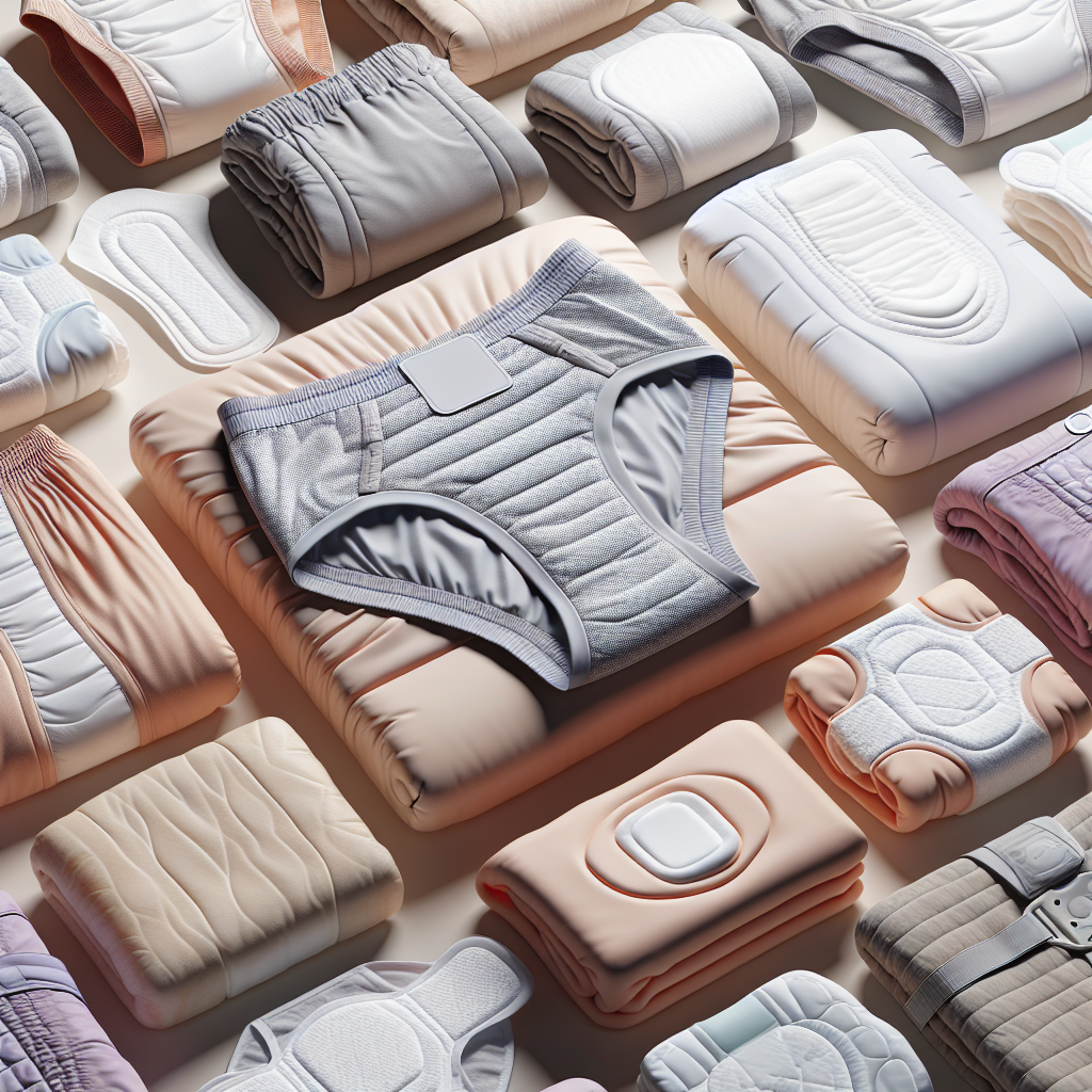 Realistic depiction of a variety of adult incontinence products including briefs, protective underwear, incontinence pads, belted garments, and underpads, arranged to highlight their distinct features and design.