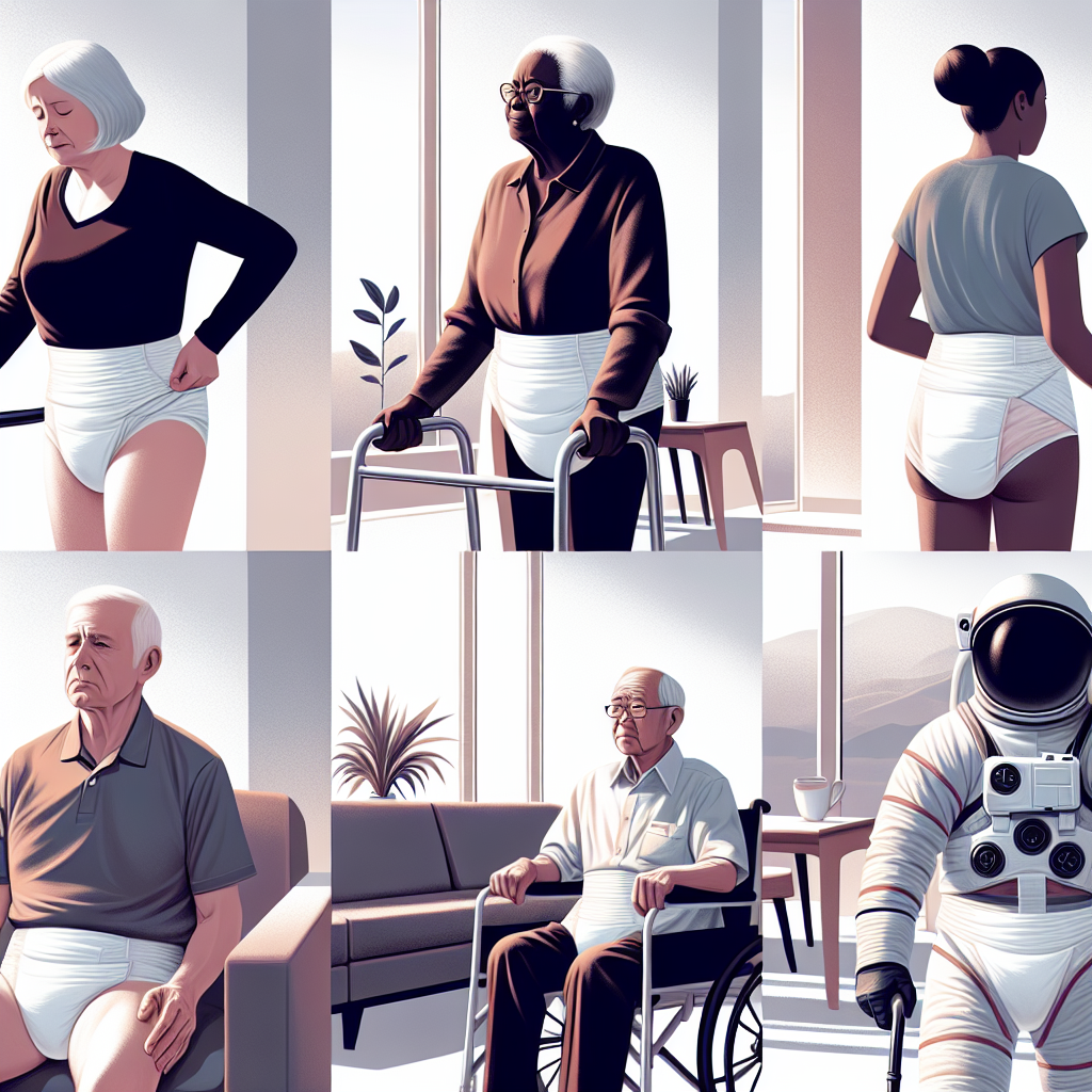 Illustration of diverse adults using diapers due to incontinence, mobility issues, medical recovery, and professional needs, depicted respectfully in a neutral indoor setting.
